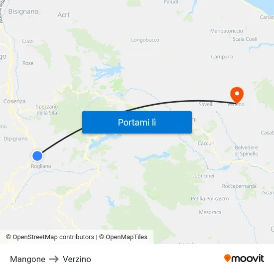Mangone to Verzino map