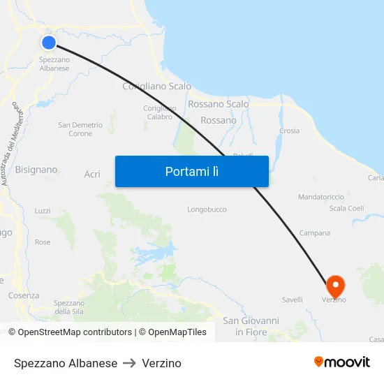 Spezzano Albanese to Verzino map