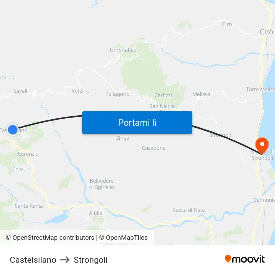 Castelsilano to Strongoli map