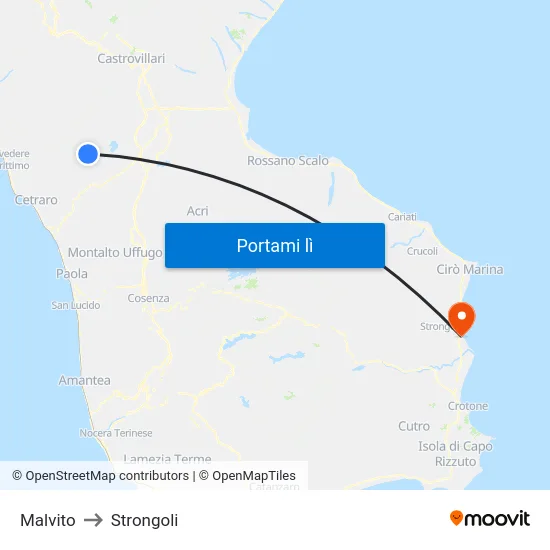 Malvito to Strongoli map