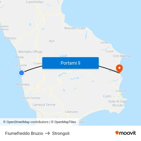 Fiumefreddo Bruzio to Strongoli map