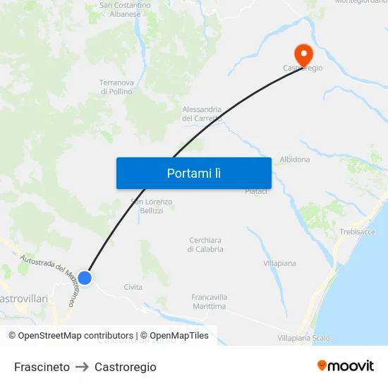 Frascineto to Castroregio map