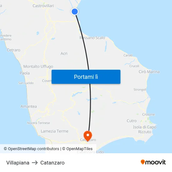 Villapiana to Catanzaro map
