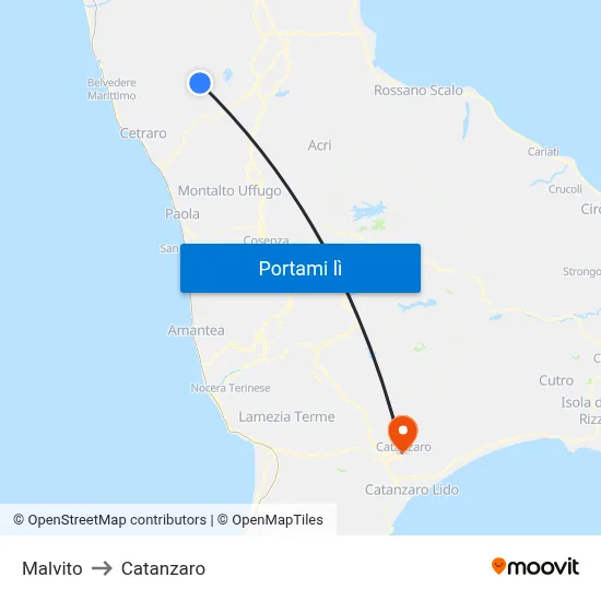 Malvito to Catanzaro map