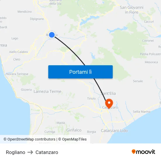 Rogliano to Catanzaro map