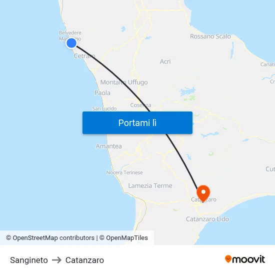 Sangineto to Catanzaro map