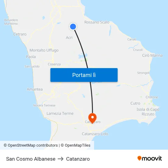 San Cosmo Albanese to Catanzaro map
