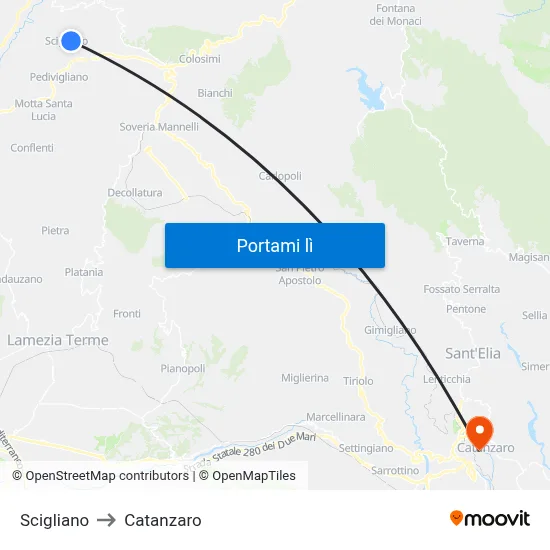 Scigliano to Catanzaro map