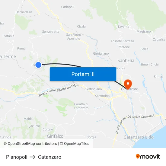 Pianopoli to Catanzaro map