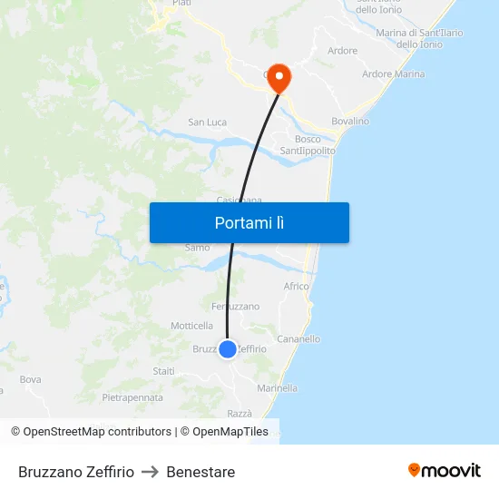 Bruzzano Zeffirio to Benestare map