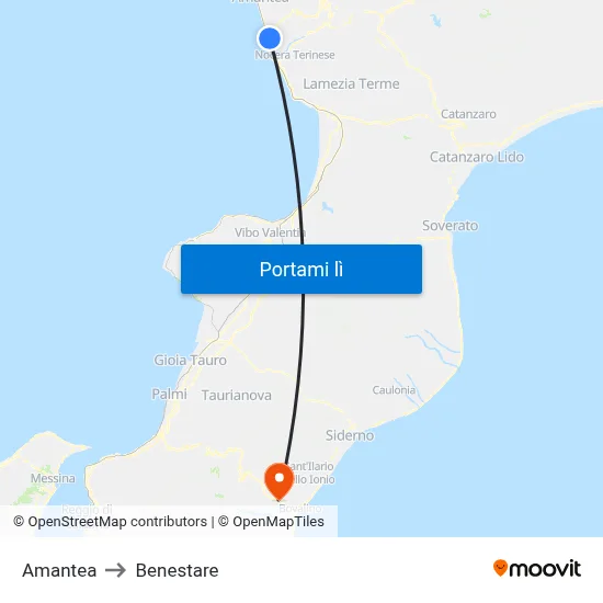 Amantea to Benestare map