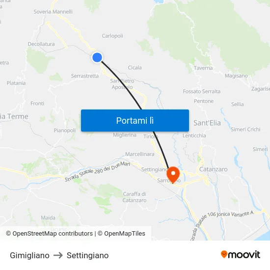 Gimigliano to Settingiano map