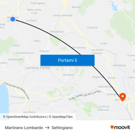 Martirano Lombardo to Settingiano map