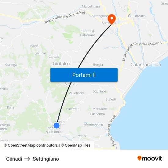 Cenadi to Settingiano map