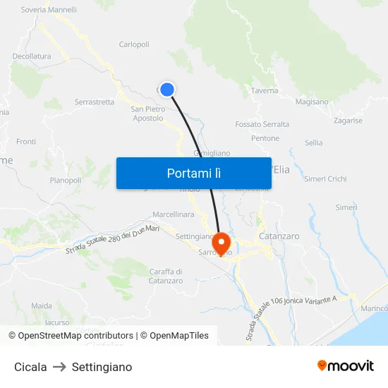 Cicala to Settingiano map