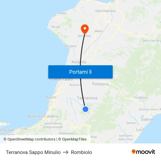 Terranova Sappo Minulio to Rombiolo map