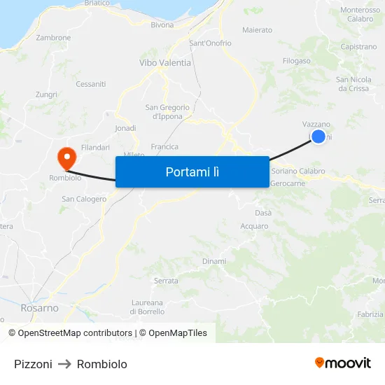 Pizzoni to Rombiolo map