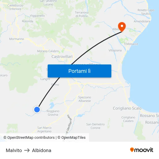 Malvito to Albidona map