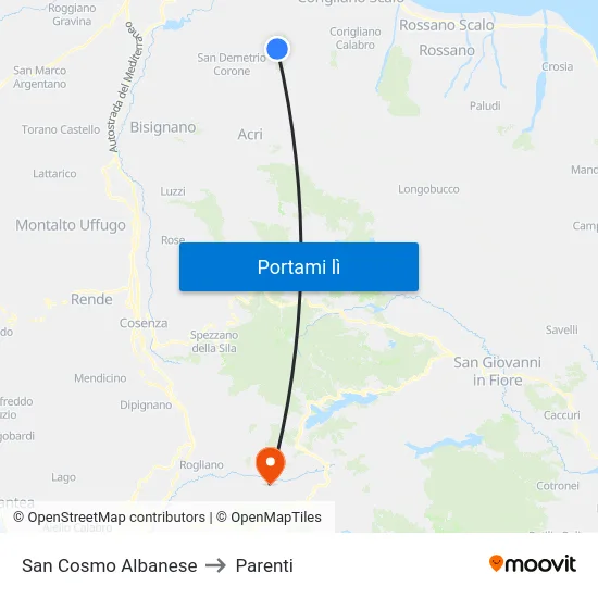 San Cosmo Albanese to Parenti map