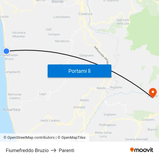 Fiumefreddo Bruzio to Parenti map