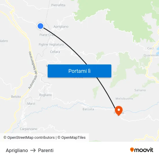 Aprigliano to Parenti map