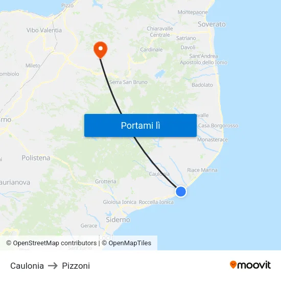Caulonia to Pizzoni map