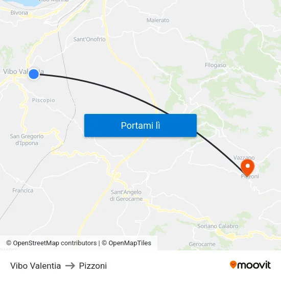 Vibo Valentia to Pizzoni map