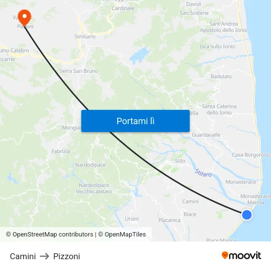 Camini to Pizzoni map