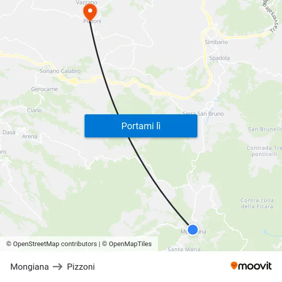 Mongiana to Pizzoni map