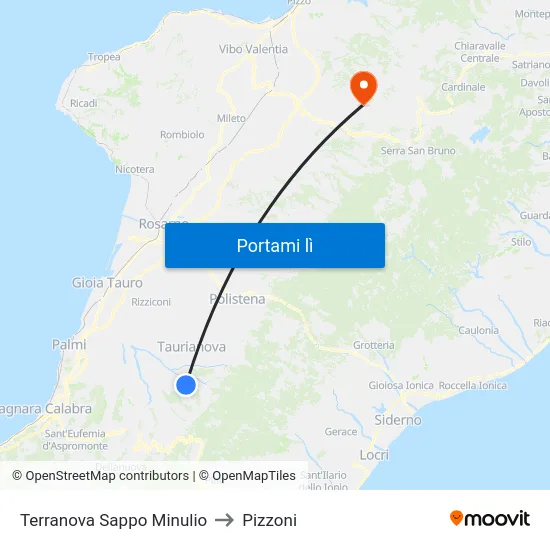 Terranova Sappo Minulio to Pizzoni map