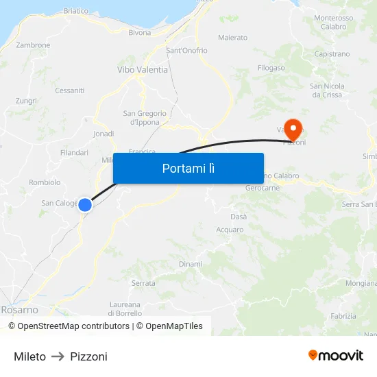 Mileto to Pizzoni map