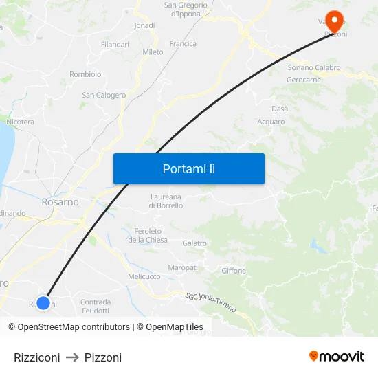 Rizziconi to Pizzoni map