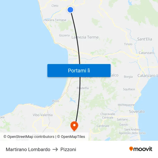 Martirano Lombardo to Pizzoni map
