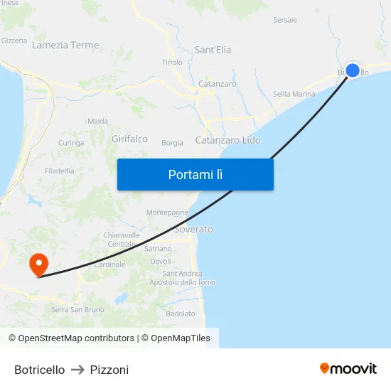 Botricello to Pizzoni map