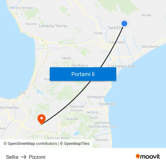 Sellia to Pizzoni map