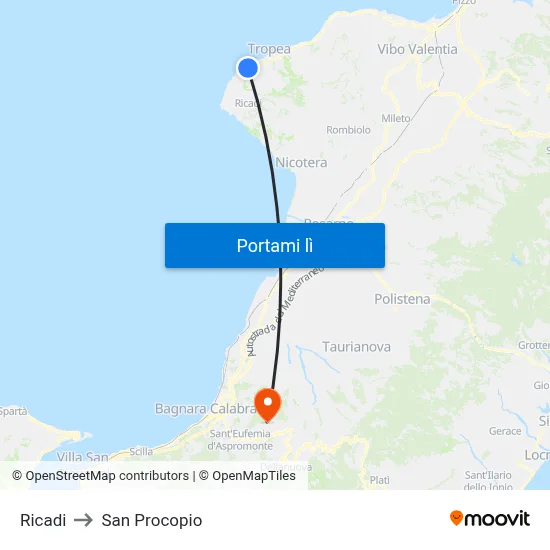 Ricadi to San Procopio map
