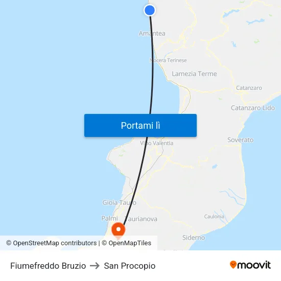Fiumefreddo Bruzio to San Procopio map