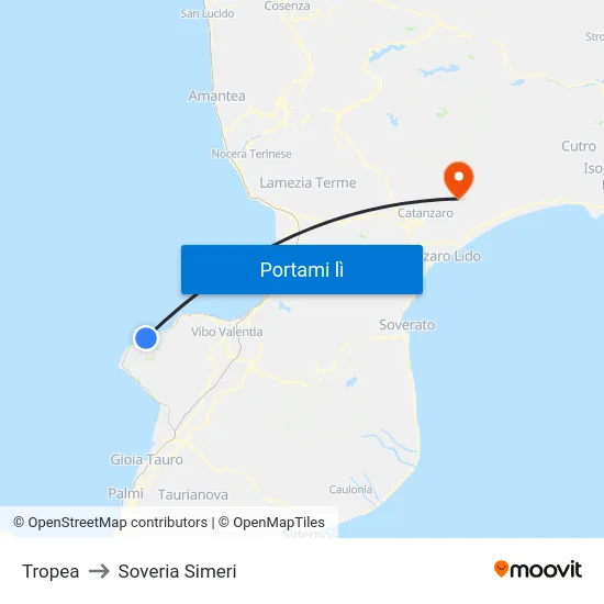 Tropea to Soveria Simeri map