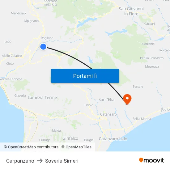 Carpanzano to Soveria Simeri map