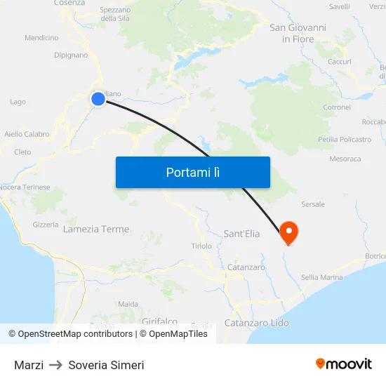 Marzi to Soveria Simeri map