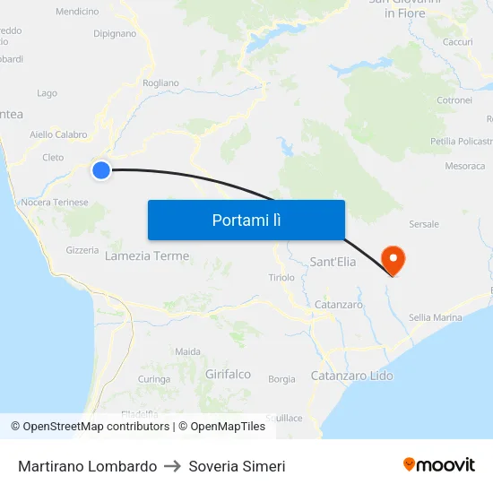 Martirano Lombardo to Soveria Simeri map