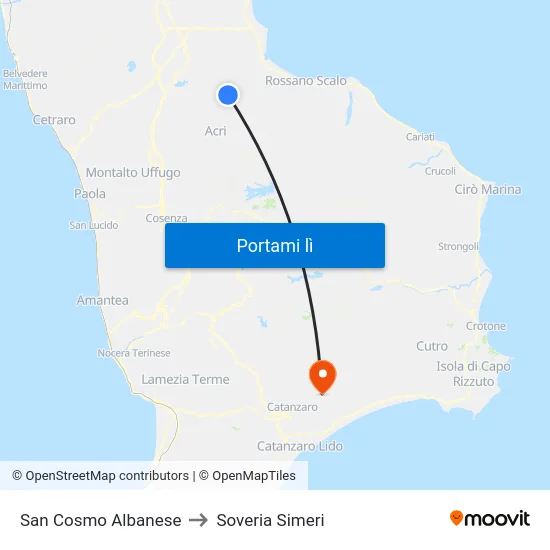 San Cosmo Albanese to Soveria Simeri map