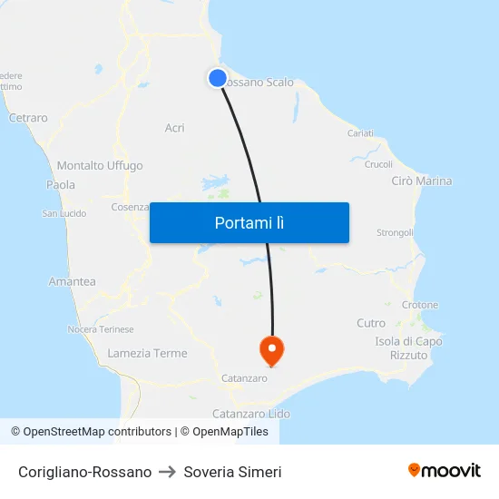 Corigliano-Rossano to Soveria Simeri map