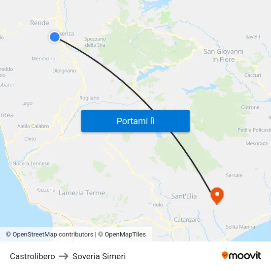 Castrolibero to Soveria Simeri map