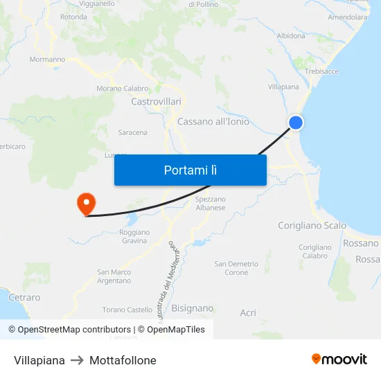 Villapiana to Mottafollone map