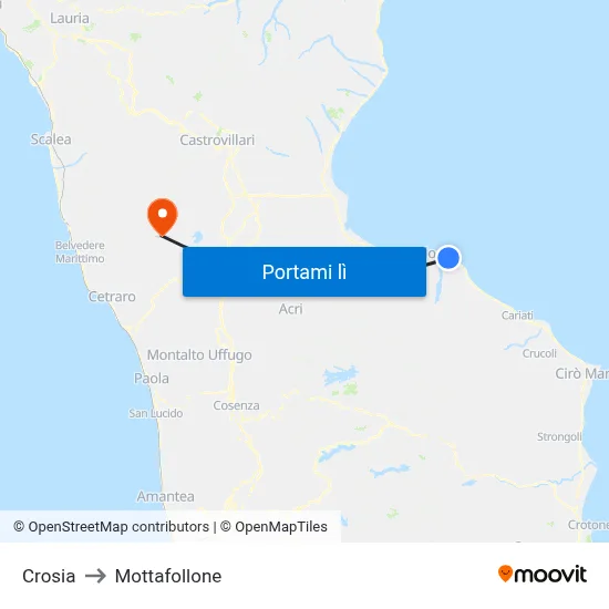 Crosia to Mottafollone map