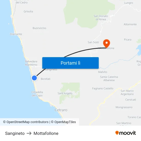 Sangineto to Mottafollone map