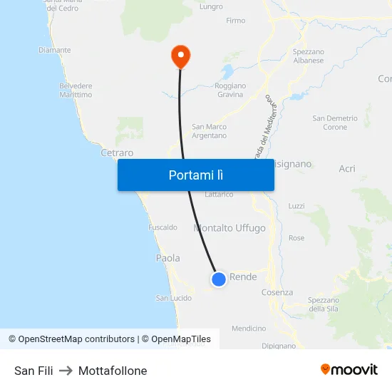 San Fili to Mottafollone map