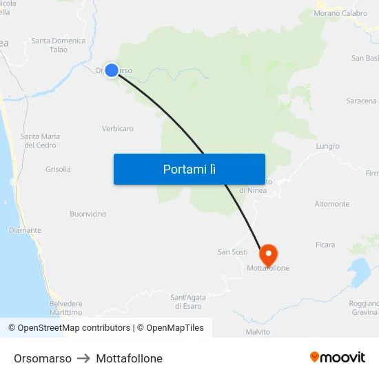 Orsomarso to Mottafollone map