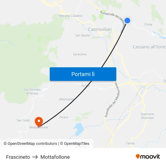 Frascineto to Mottafollone map